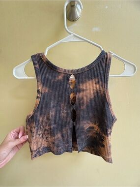 Tie-Dye Ribbed Crop Tank Top - Brown/Black